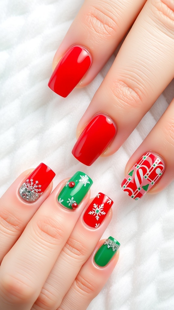A collection of Christmas nail art designs in red and green, featuring candy cane stripes, glitter, and holiday patterns.